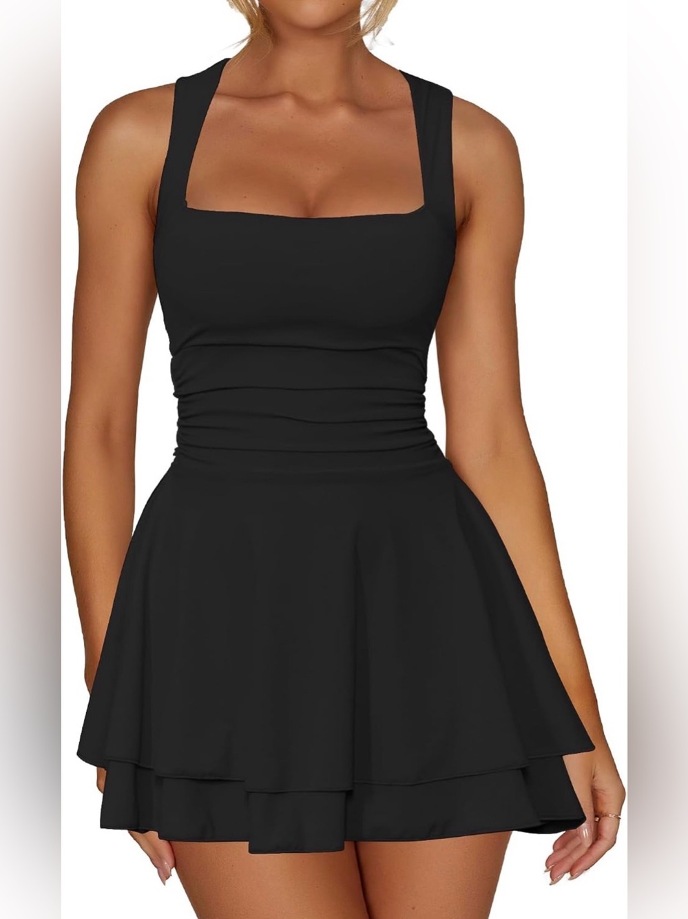 *NWOT* Classic Black Square-Neck Ruffled Hem Ruched Fit & Flare Dress
